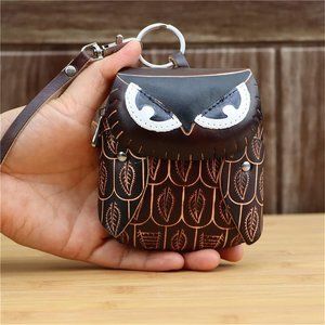 Handmade Cowhide Owl Shape Coin Purse Wrist Strap Hand Bag Zipper Bag